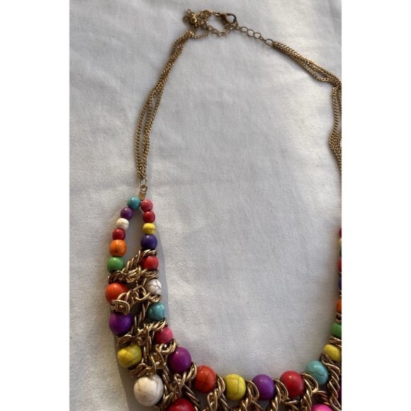 Ethnic Multicolor Boho Cord Necklace Colorful Beads Round Natural Stones 22” - Picture 11 of 16